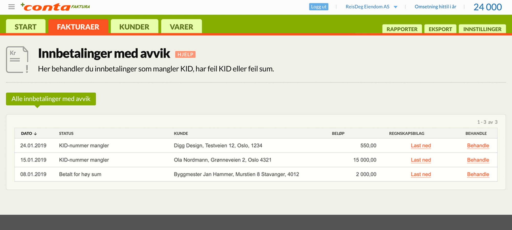 Oversikt over innbetalingene med avvik i Conta Faktura
