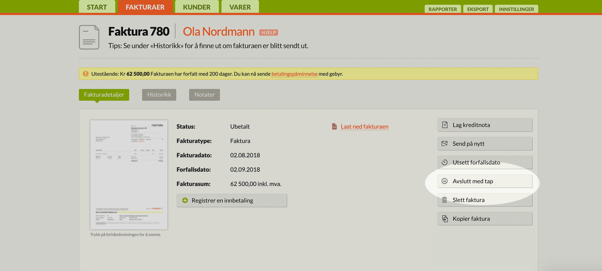 Fakturaside der du kan avslutte med tap i Conta Faktura