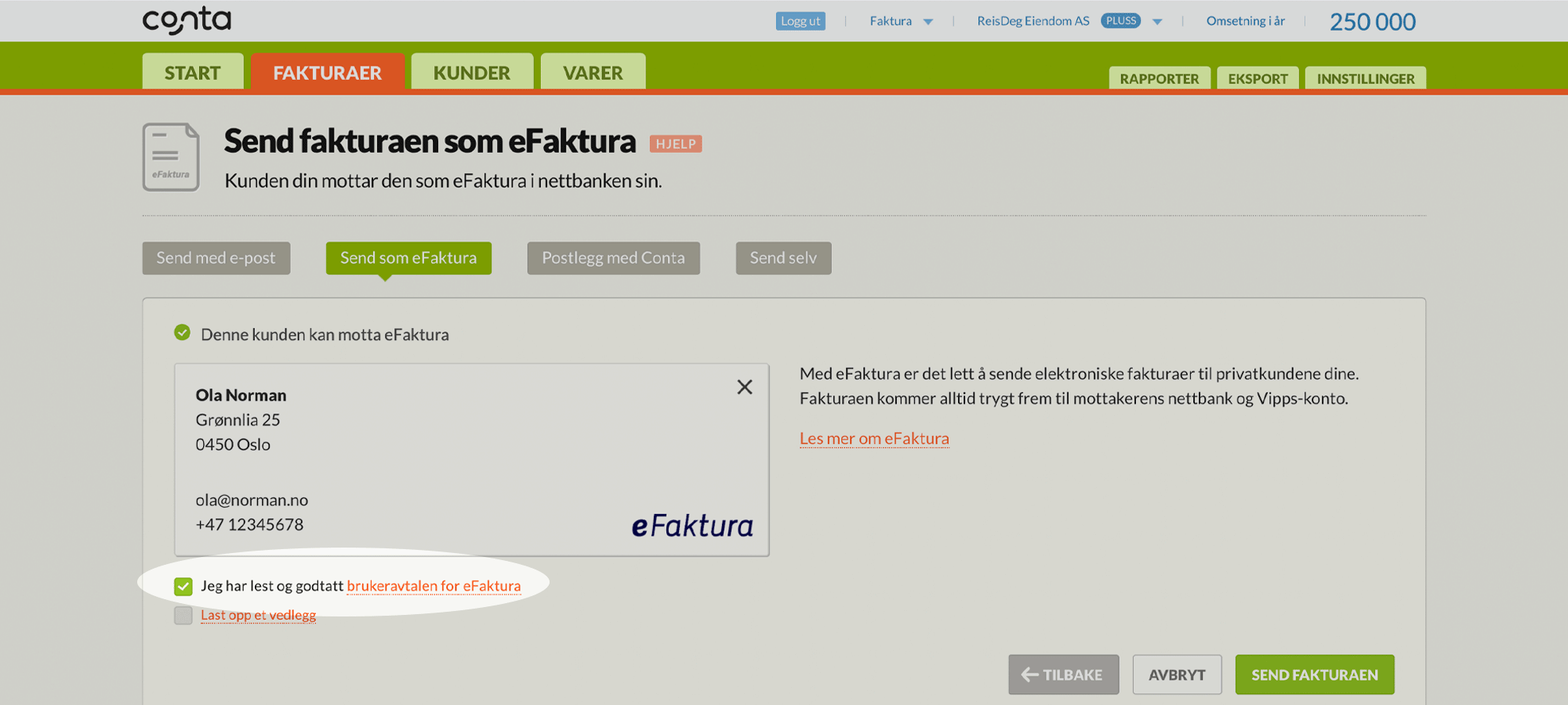 Huk av for brukeravtalen i Conta første gang du sender eFaktura