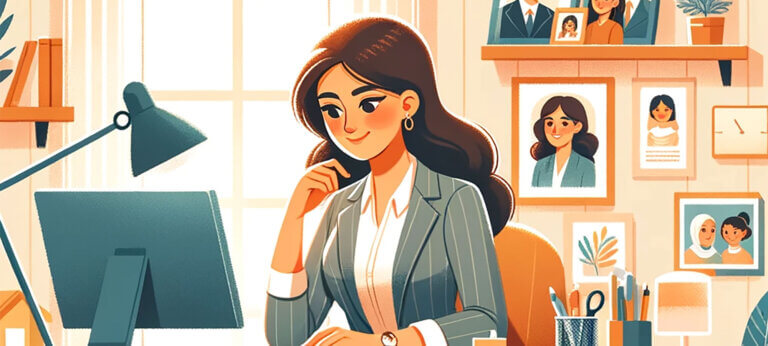 Illustrasjon av en kvinnelig firmaeeier som sitter ved kontorpulten sin